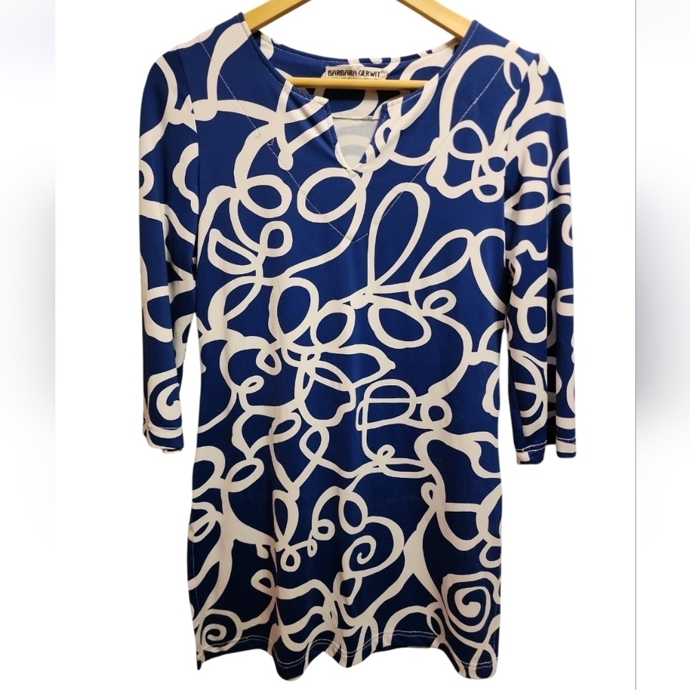 Barbara Gerwit Womens 3/4 Sleeve Y Neck Sheath Dress Blue white Vintage Resort - Picture 5 of 10